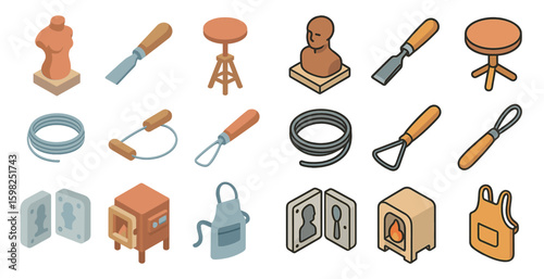 Sculpting and pottery isometric icons set – tools, crafts, ceramic making symbols