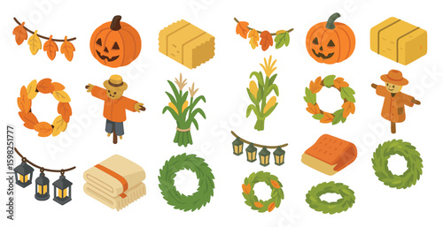 Autumn seasonal isometric icons set – harvest, fall, holiday symbols