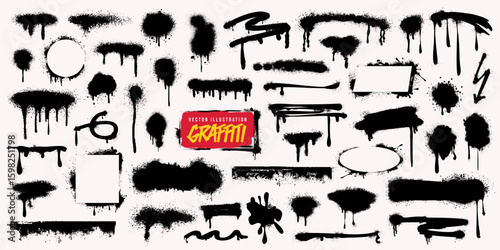 Set of graffiti stencil, spray pattern, grunge paint brush stroke, dirty texture and urban street art. Graffiti silhouette as watercolor splash, splatter, frame, text banner background and water drip.