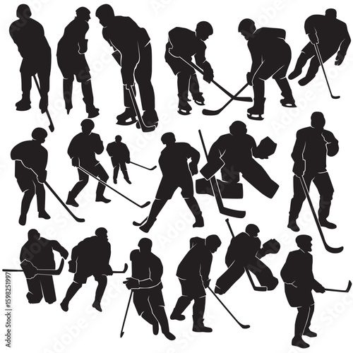 Illustration vector graphics of a set Ice hockey player silhouette in various dynamic poses perfect for background, stickers, Clipart, decorations, logo, icon, sports themed, etc