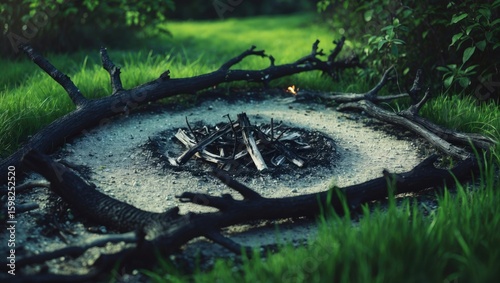 Charred remains of a fallen tree surrounded by green grass and foliage in a natural outdoor setting.