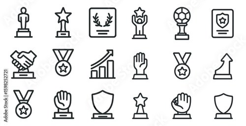 Achievement and awards line icons set – outline, linear, trophy and medal symbols