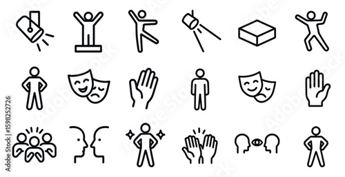 Performance and theatre line icons set – drama, acting, entertainment graphics