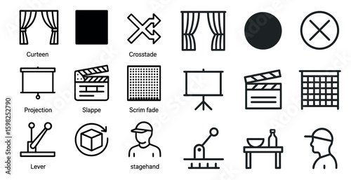 Theater and stage outline icons set – silhouette, projection, performance symbols