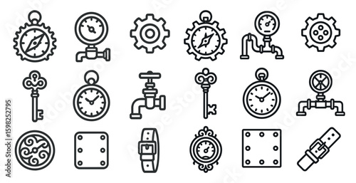 Steampunk mechanical outline icons set – vintage, gear, clockwork symbols in line style
