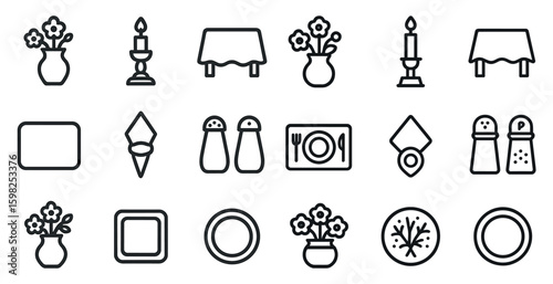 Home decor and dining outline icons set – flat, kitchen and tableware symbols
