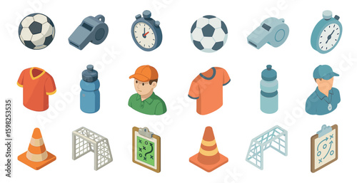 Sports and coaching icons set – isometric, 3d, athletic training symbols