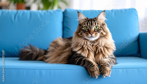 Fluffy Maine Coon cat resting comfortably on a vibrant blue sofa in a cozy living room.