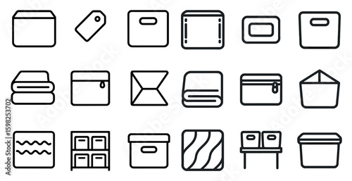 Storage and organization outline icons set – boxes, bins, containers, linear style