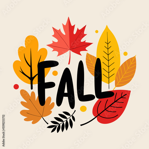 Autumn season greeting with the word fall surrounded by colorful falling leaves and dots