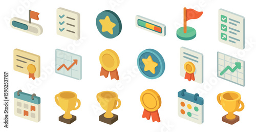 Achievement and award icons set – isometric, 3d, trophy and recognition symbols