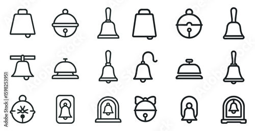 Bell and chime line icons set – outline, solid, ringing and notification symbols