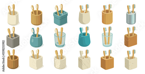 Bathroom accessories isometric icons set – flat, filled, hygiene and personal care