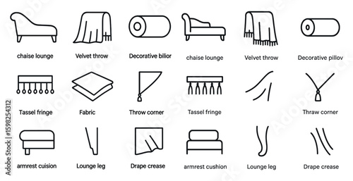 Home decor outline icons set – cozy, stylish, interior design symbols
