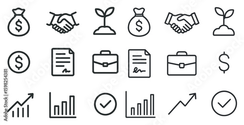 Finance and business outline icons set – linear, vector, money management tools