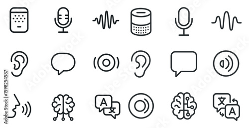 Audio and speech outline icons set – linear, communication, sound symbols