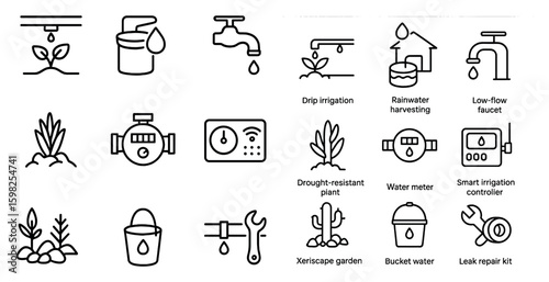 Water conservation line icons set – drip, irrigation, sustainable resource symbols