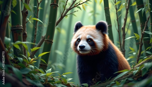 an animated panda standing amidst bamboo shoots in a forested area. the panda is looking to its left with a somewhat contemplative expression.