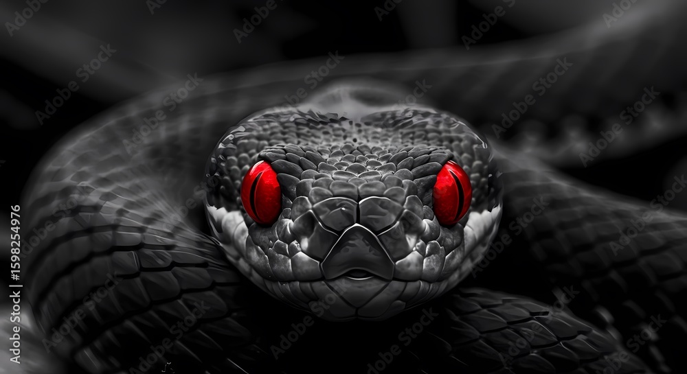 Fototapeta premium Close-up of a black snake with striking red eyes, conveying a sense of danger and intensity