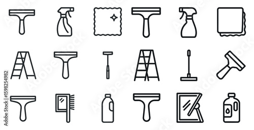 Cleaning tools outline icons set – linear, household, sanitation symbols