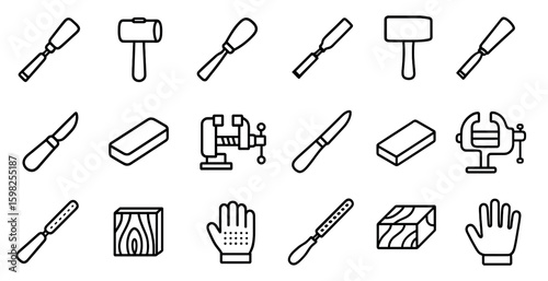 Woodworking tools line icons set – outline, chisel, carpentry and crafting symbols