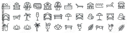 Spa and relaxation line icons set – flat, outline, wellness and self-care symbols