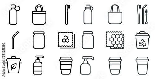 Eco-friendly lifestyle line icons set – outline, sustainable, reusable symbols