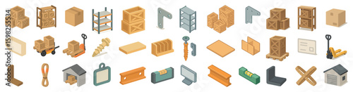 Warehouse and storage isometric icons set – flat, silhouette, logistics symbols