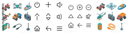 Remote control drone isometric icons set – 3d, filled, aviation and hobby symbols