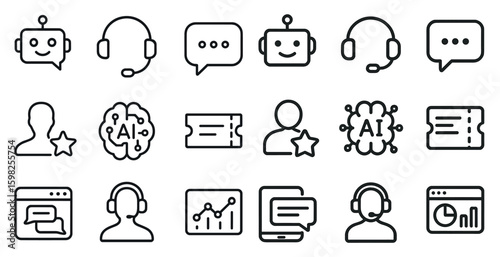 Customer support line icons set – chat, ai, communication symbols for tech