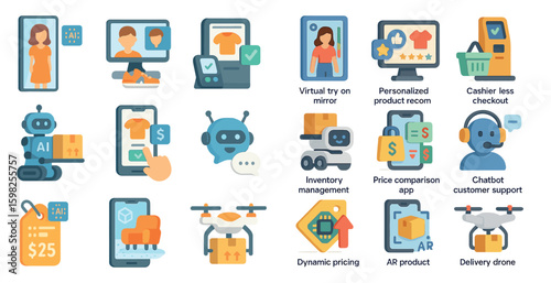E-commerce technology icons set – flat, digital, online shopping elements