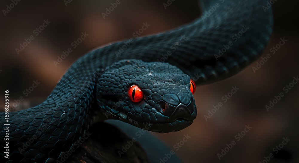 Fototapeta premium Intense Black Snake with Piercing Red Eyes A Striking Wildlife Portrait