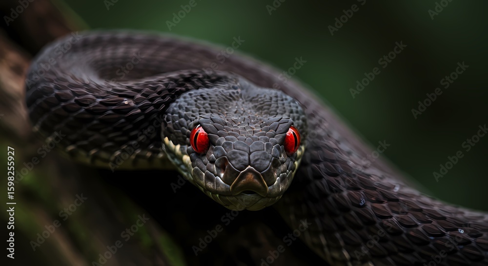 Fototapeta premium Menacing Gaze Captivating Portrait of a Venomous Snake with Striking Red Eyes