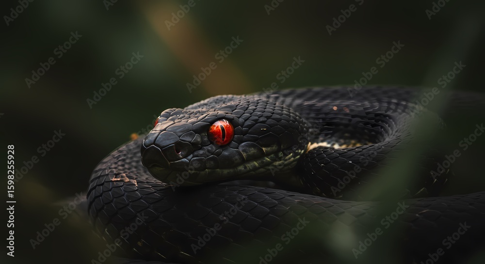 Fototapeta premium Close-up of a black viper with piercing red eyes coiled in lush green foliage, hinting at danger and the wild