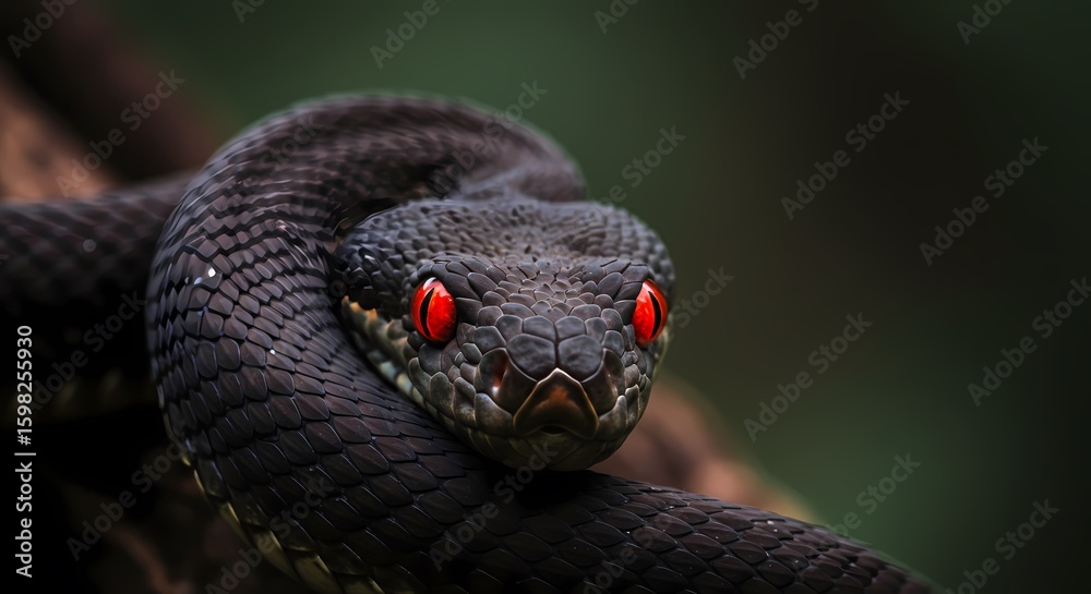 Fototapeta premium Close-Up of a Black Snake with Red Eyes in the Rainforest