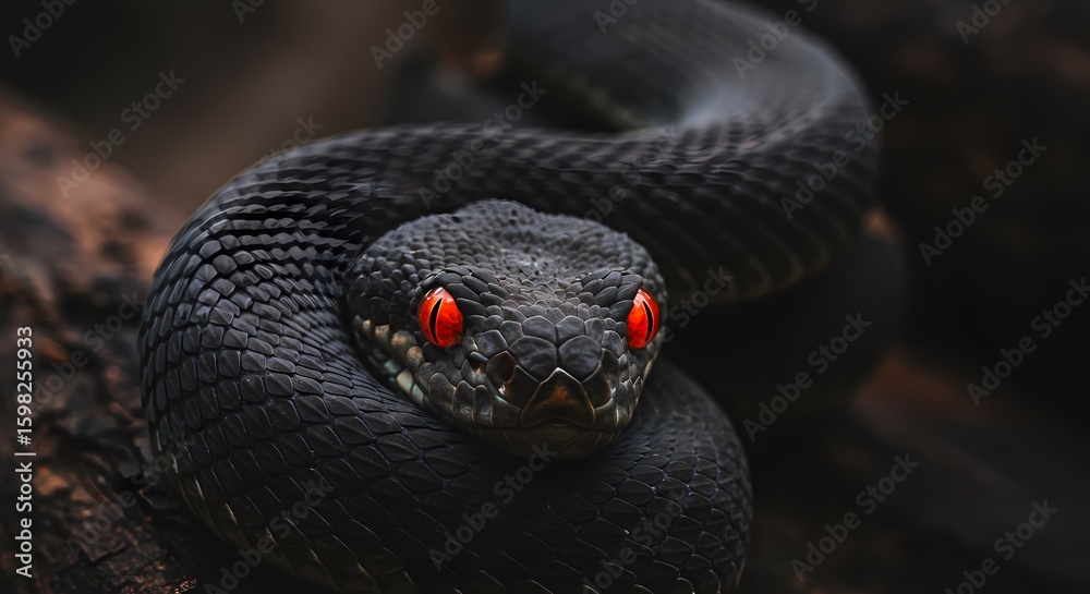 Fototapeta premium Black Snake with Glowing Red Eyes A Close-Up Encounter