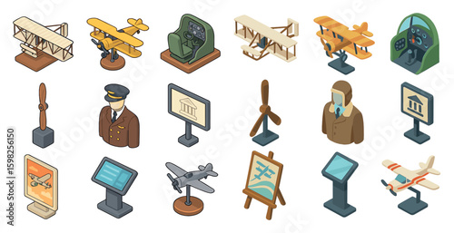 Aviation history isometric icons set – aircraft, pilot, aviation themes