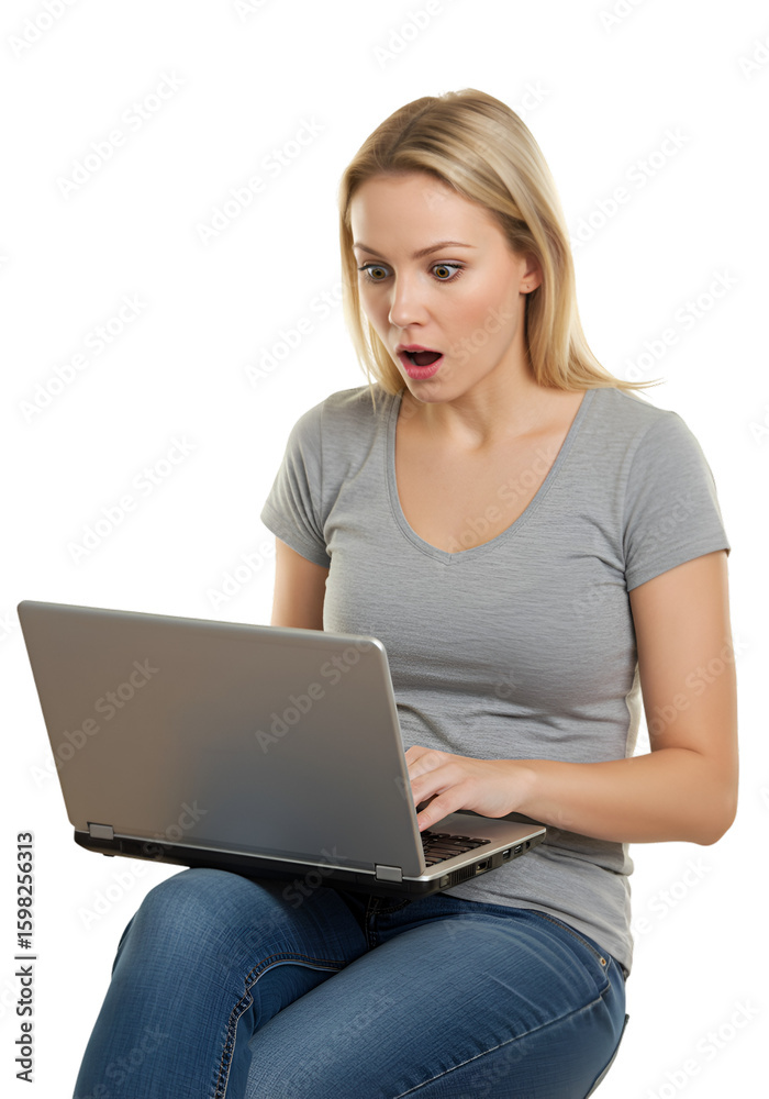 Naklejka premium Photo of Surprised Woman with Laptop on Transparent Background