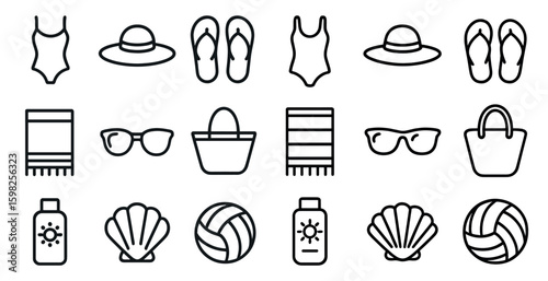 Beach and summer line icons set – outline, vacation, sunbathing essentials