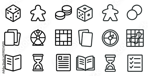 Board games outline icons set – flat, linear, gaming and strategy symbols