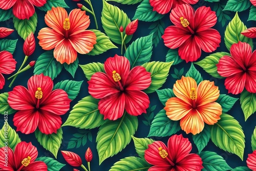 Bold, vibrant hibiscus flowers, tropical foliage, seamless repeat , art, element, bright