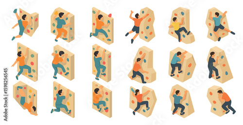 Rock climbing isometric icons set – bouldering, adventure, fitness symbols