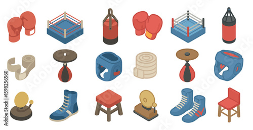 Boxing and fitness isometric icons set – 3d, gym, workout and training symbols