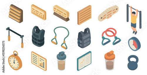 Fitness and gym isometric icons set – 3d workout, training, exercise symbols