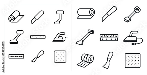 Cleaning tools outline icons set – line, household, sanitation essentials