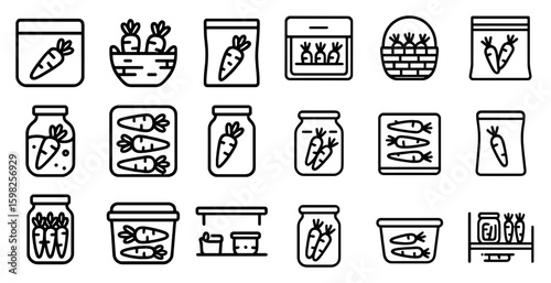 Preserved food outline icons set – jars, vegetables, canning and kitchen symbols