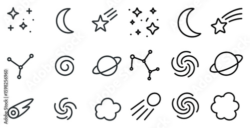 Astronomy and space outline icons set – minimalist, celestial, cosmic symbols