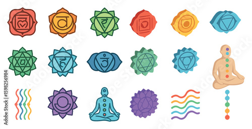 Chakra and yoga icons set – outline, linear, meditation and wellness symbols