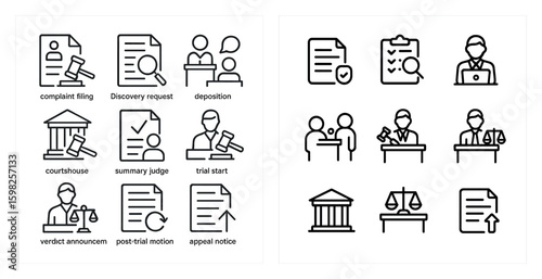 Legal and justice outline icons set – line, vector, court and law symbols