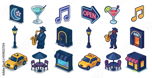 Nightlife and jazz isometric icons set – music, bar, urban and nightlife symbols